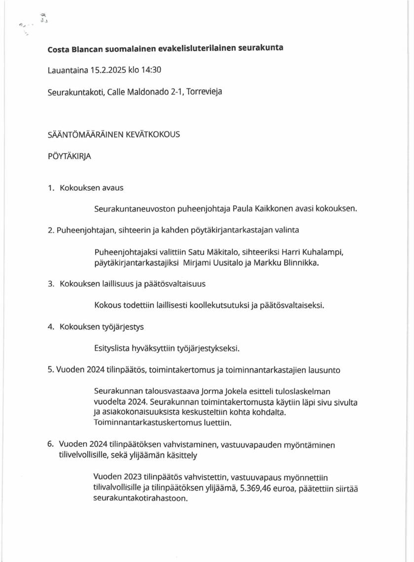 Costa Blancan suomalaisen seurakunnan kevään 2025 sääntömääräisen kevätkokouksen pöytäkirja.
