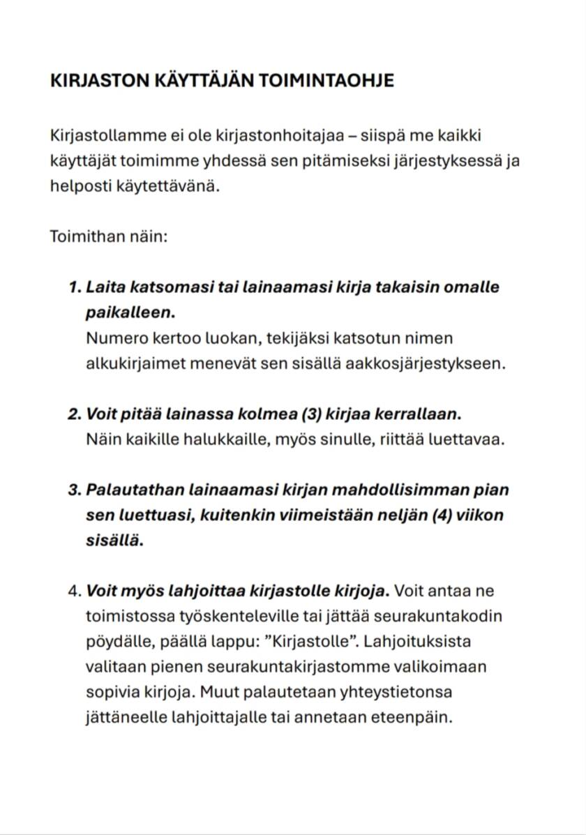 Costa Blancan seurakunnan kirjaston toimintaohjeet.