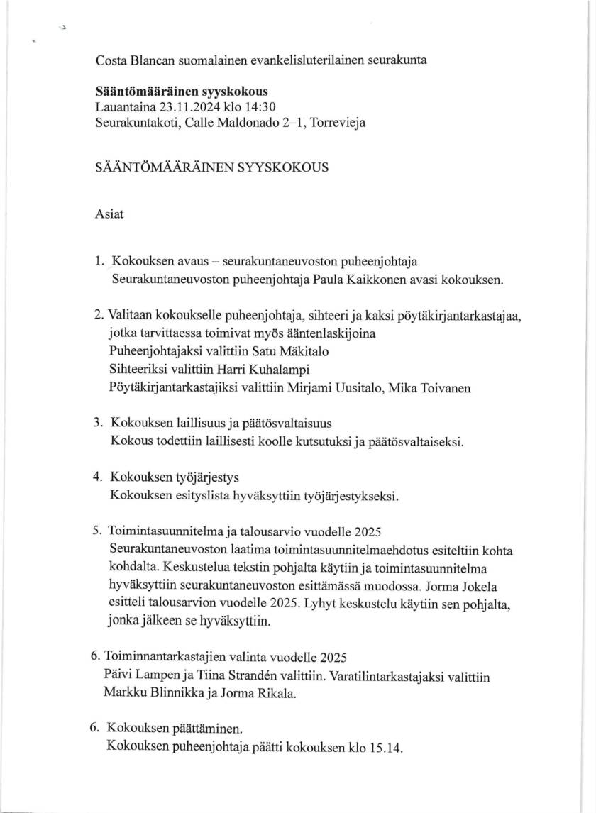 Costa Blancan seurakunnan sääntömääräisen syyskokouksen 2024 pöytäkirja.