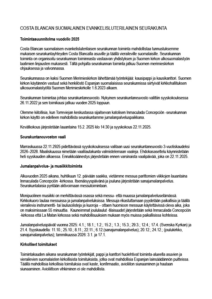 Costa Blancan suomalaisen seurakunnan toimintasuunnitelma vuodelle 2025, sivu 1.
