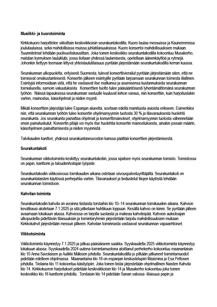 Costa Blancan suomalaisen seurakunnan toimintasuunnitelma vuodelle 2025, sivu 2.